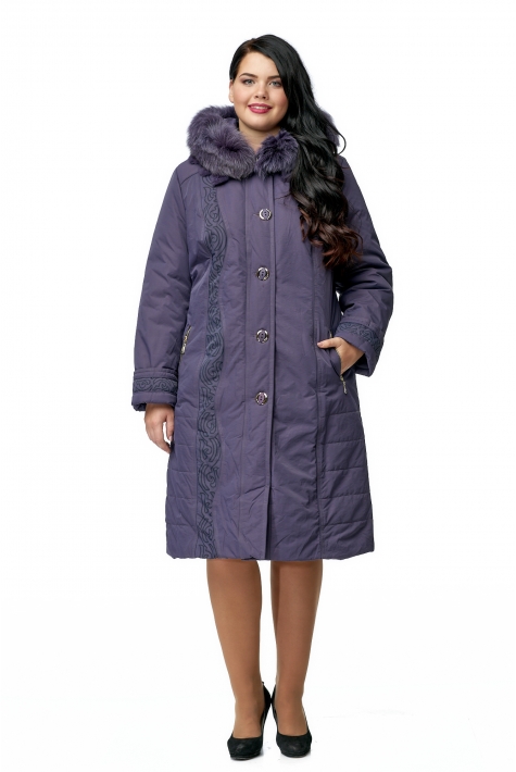 Женское пальто из текстиля с капюшоном, отделка песец 8010025