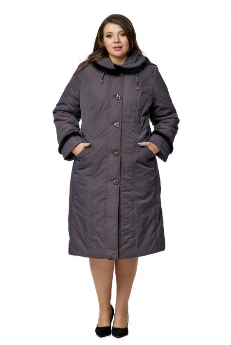 Женское пальто из текстиля с капюшоном, отделка норка 8010054