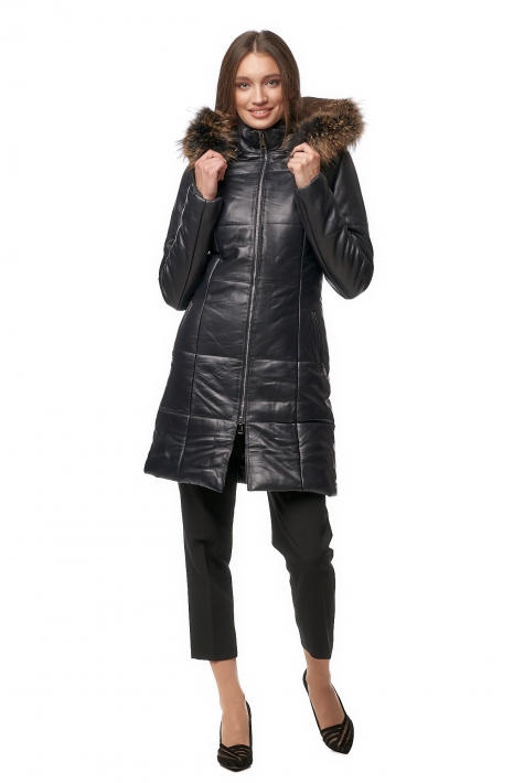 Женское кожаное пальто из натуральной кожи с капюшоном, отделка енот 8013584