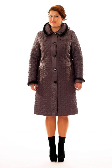 Женское пальто из текстиля с капюшоном, отделка норка 8015929