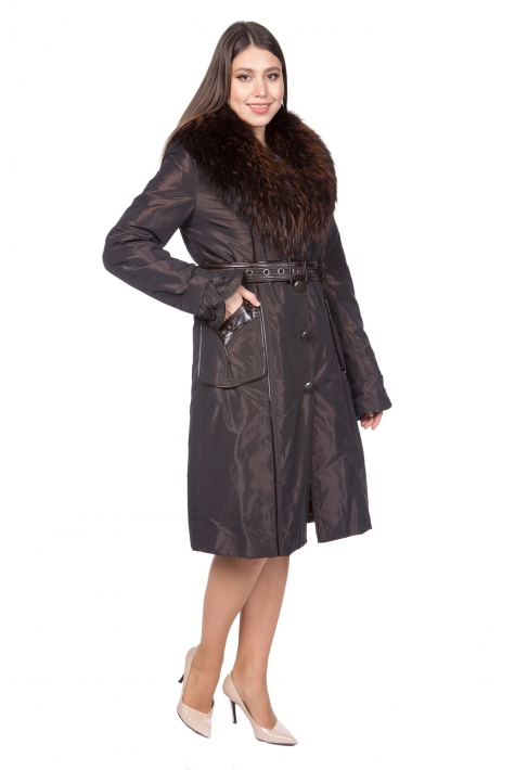 Женское пальто из текстиля с воротником, отделка енот 8021732