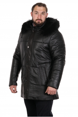 Мужская кожаная куртка из натуральной кожи на меху с капюшоном, отделка енот