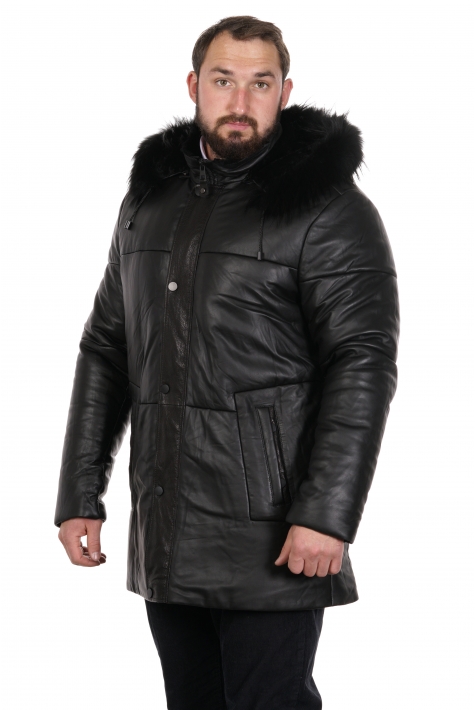 Мужская кожаная куртка из натуральной кожи на меху с капюшоном, отделка енот 8022379