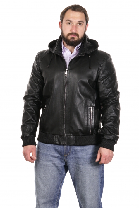Мужская кожаная куртка из натуральной кожи с капюшоном 8022600