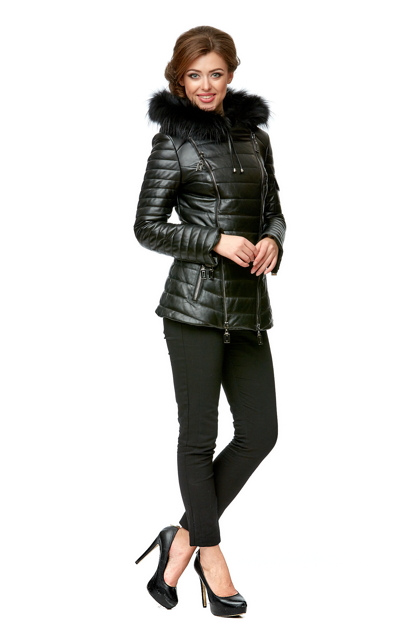 Женская кожаная куртка из натуральной кожи с капюшоном, отделка енот 8002025-2