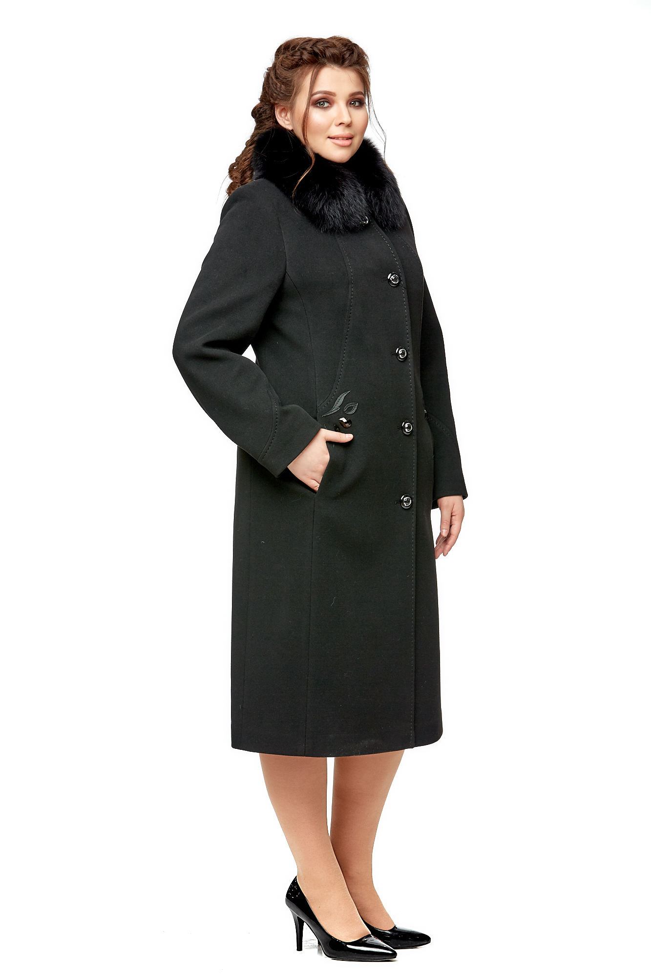 Женское пальто из текстиля с воротником, отделка песец 8002097-2