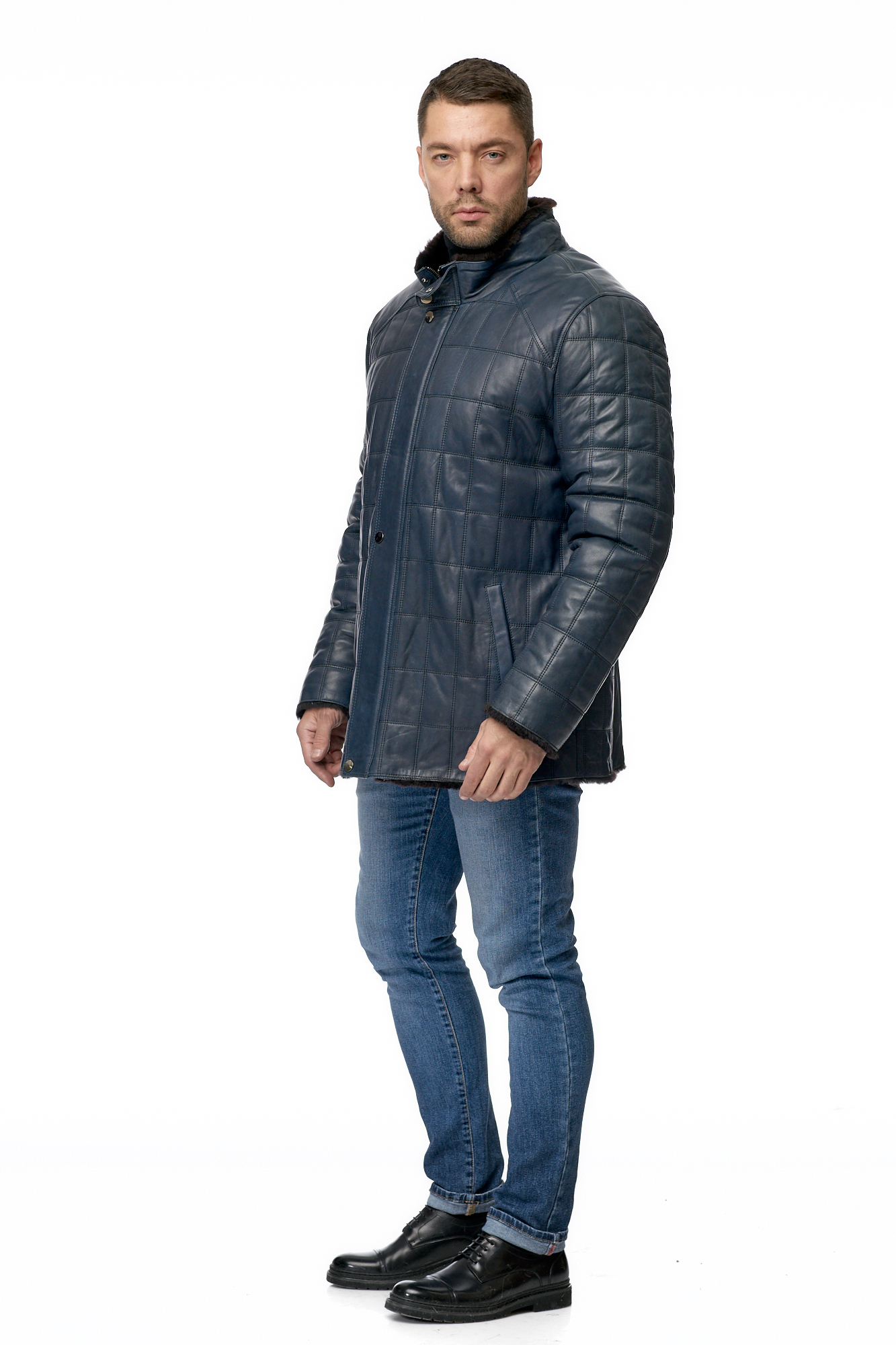 Мужская кожаная куртка из натуральной кожи на меху с воротником 8009055-2