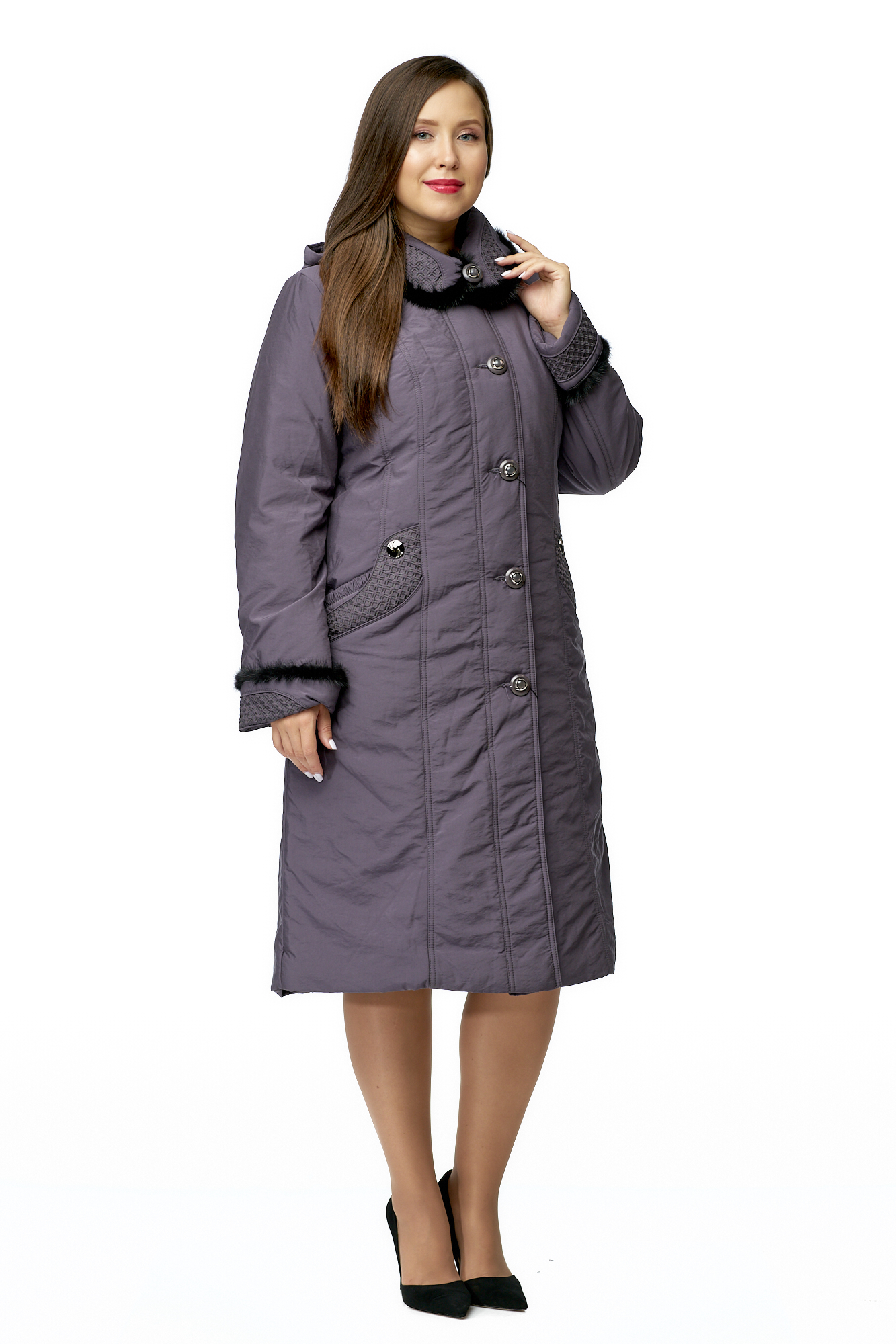 Женское пальто из текстиля с капюшоном, отделка норка 8009990-2