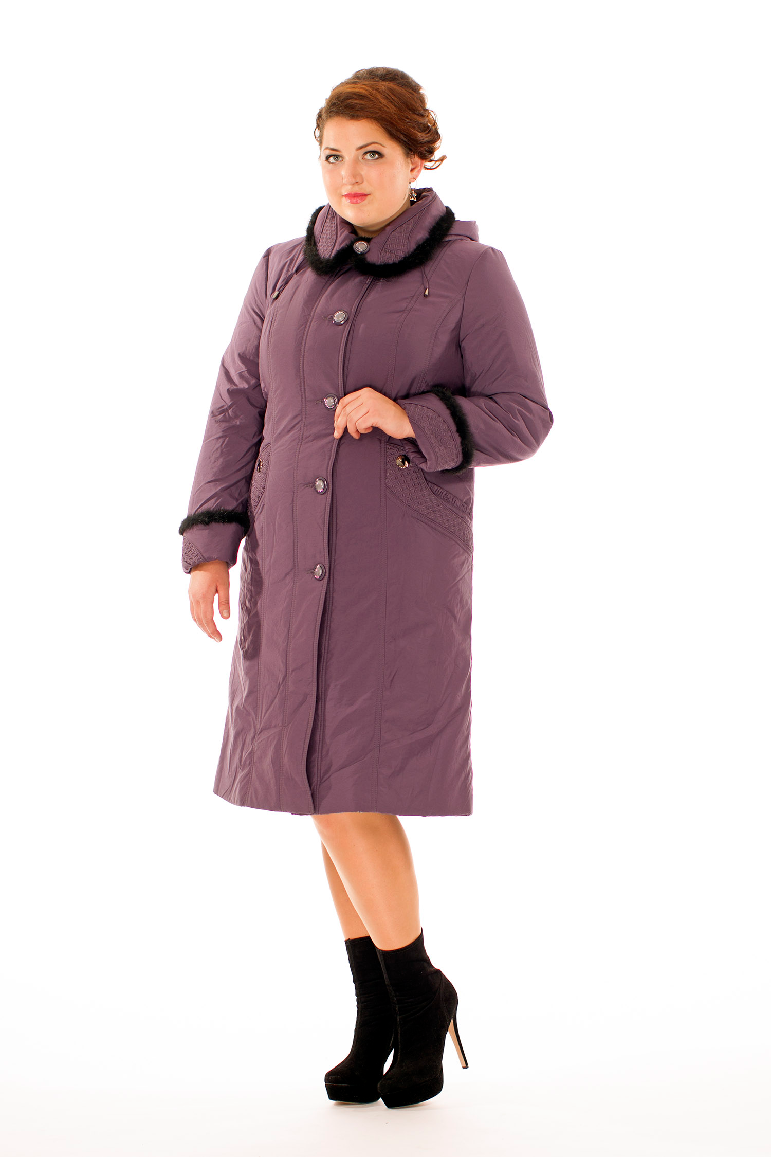 Женское пальто из текстиля с капюшоном, отделка норка 8009993-2