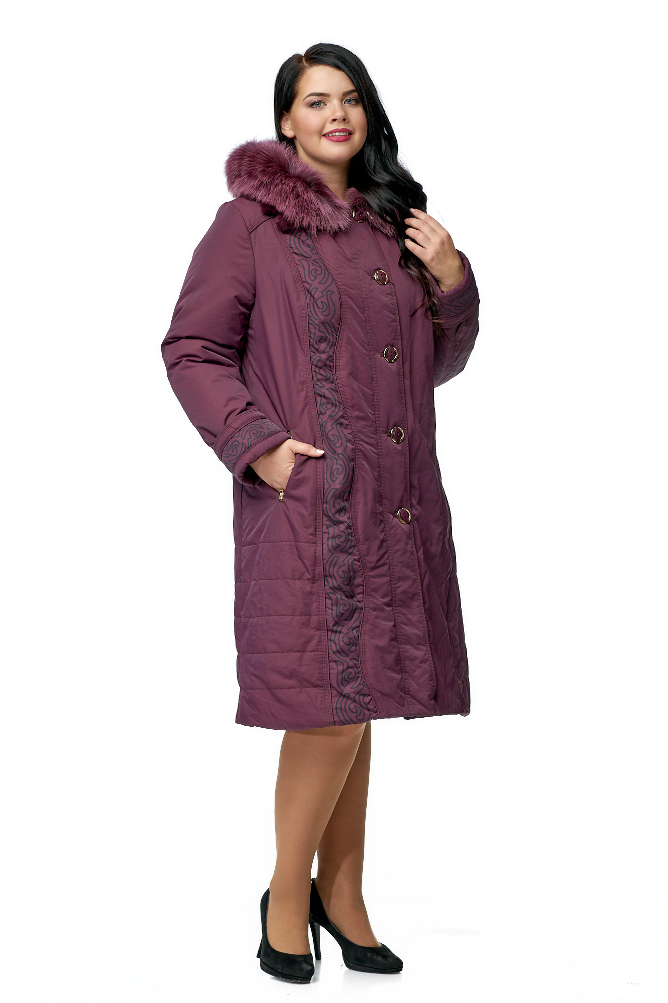 Женское пальто из текстиля с капюшоном, отделка песец 8010023-2