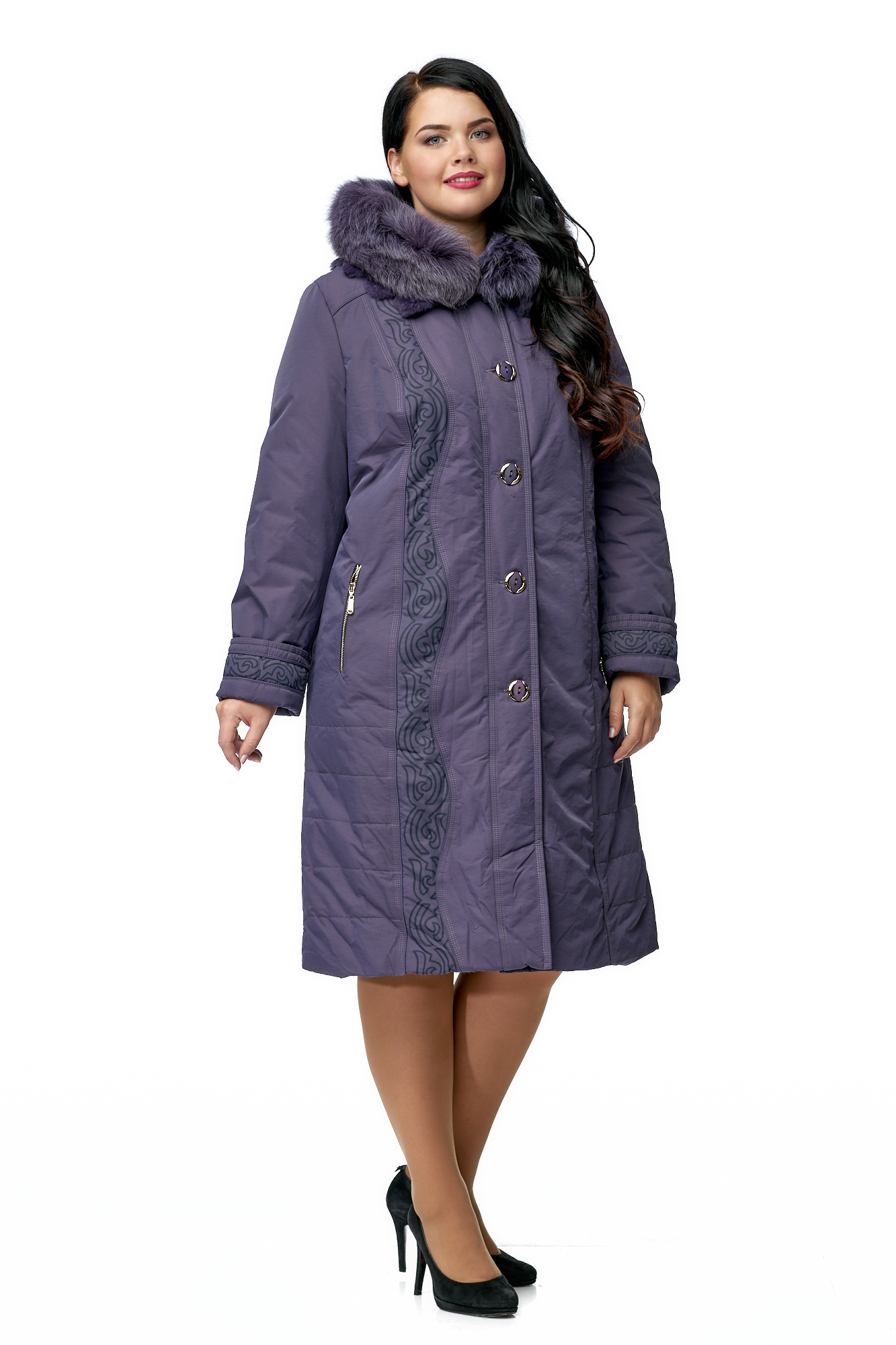 Женское пальто из текстиля с капюшоном, отделка песец 8010025-2