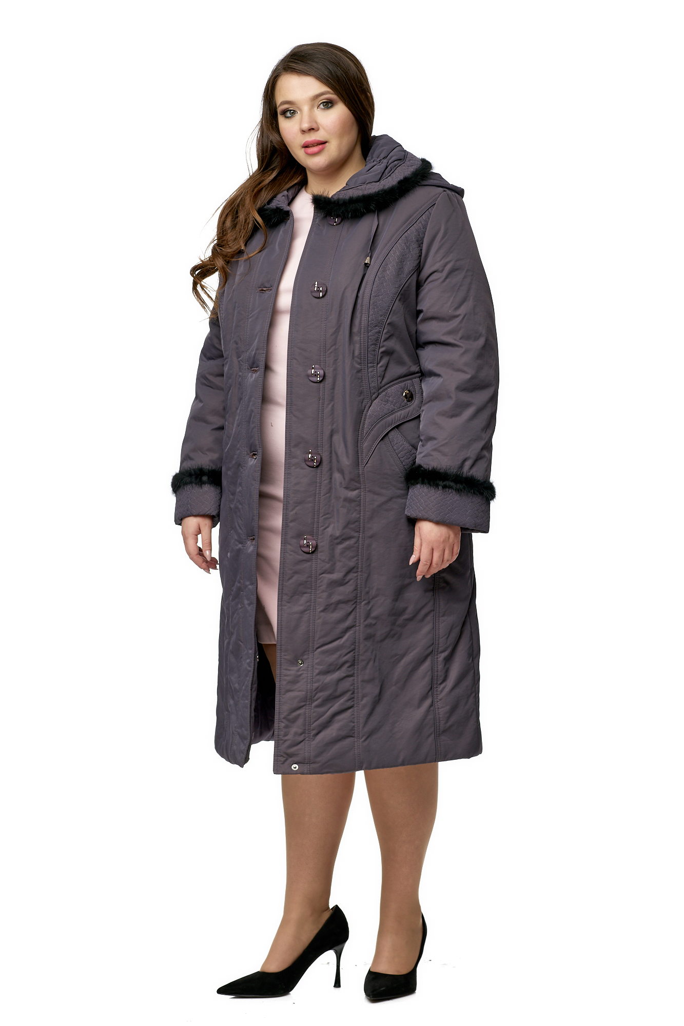 Женское пальто из текстиля с капюшоном, отделка норка 8010054-2