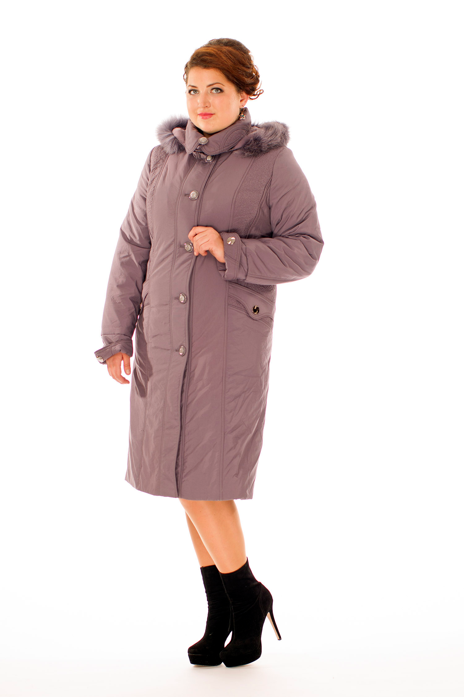 Женское пальто из текстиля с капюшоном, отделка песец 8010112-2