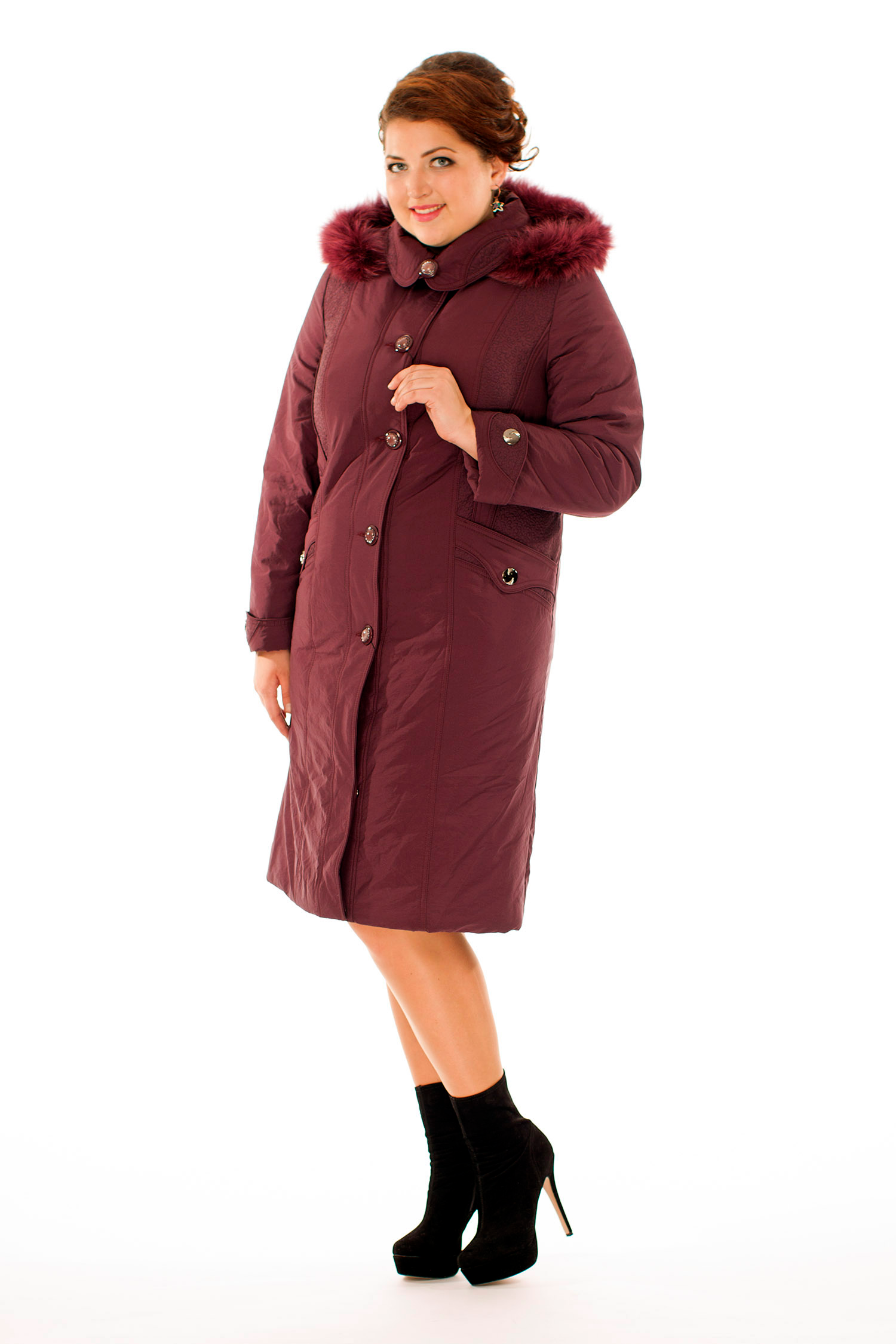 Женское пальто из текстиля с капюшоном, отделка песец 8010115-2