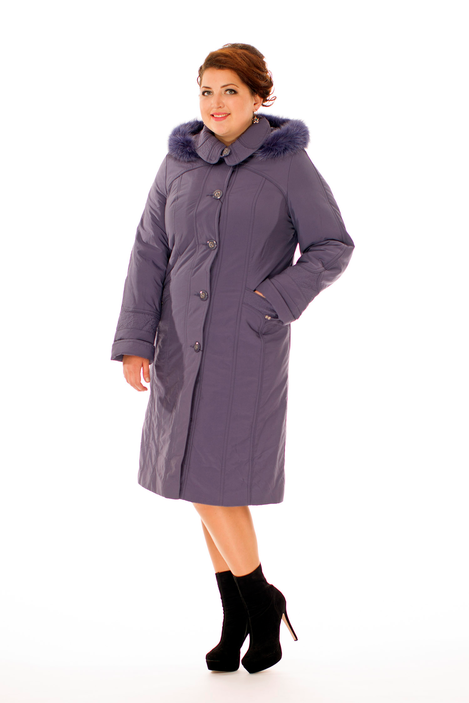 Женское пальто из текстиля с капюшоном, отделка песец 8010202-2